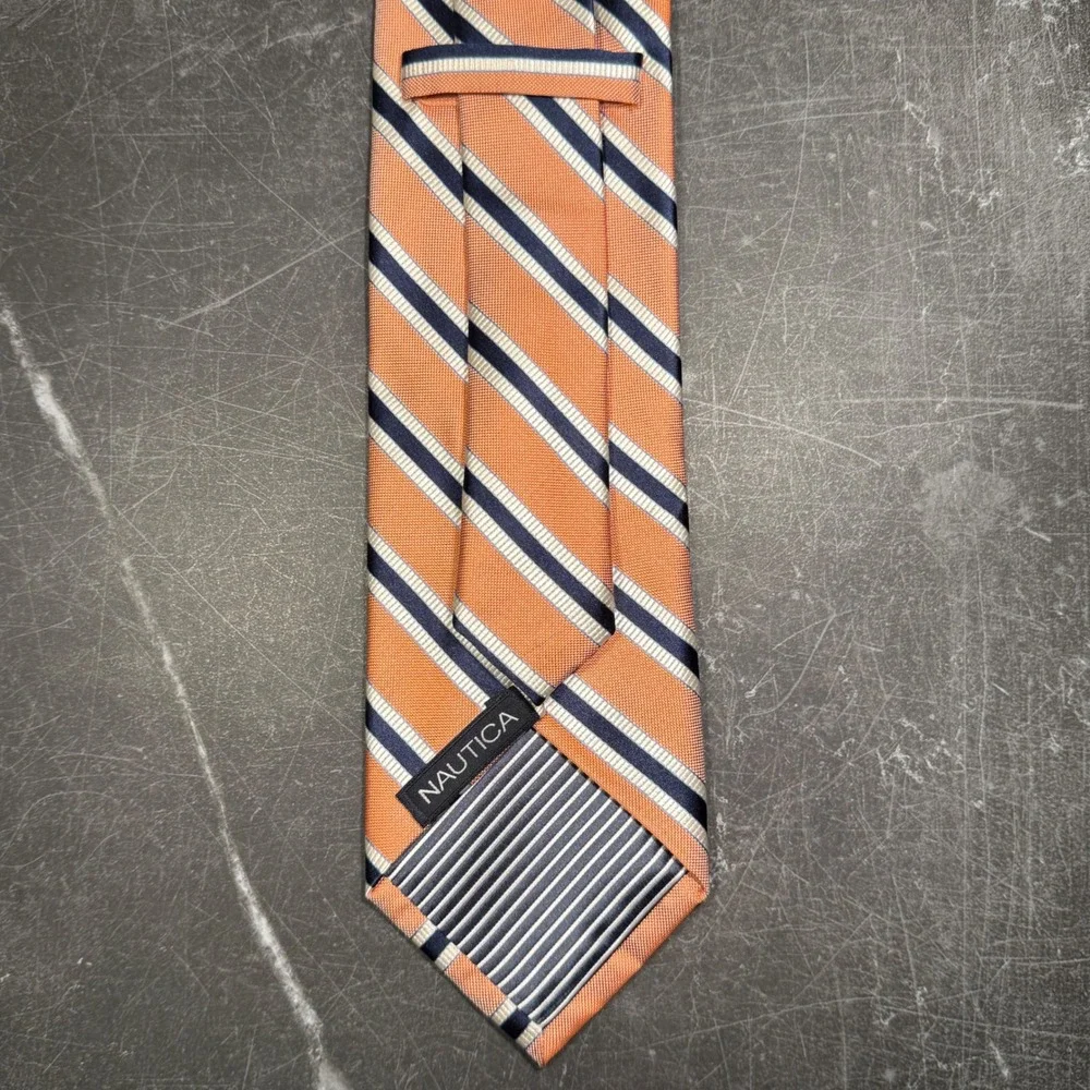 Mens Tie | Nautica | Orange Navy Blue White Striped Silk‎ Necktie